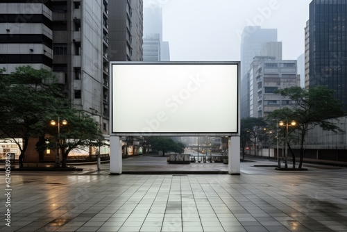 A large mockup billboard on the side of a highway and buildings. 