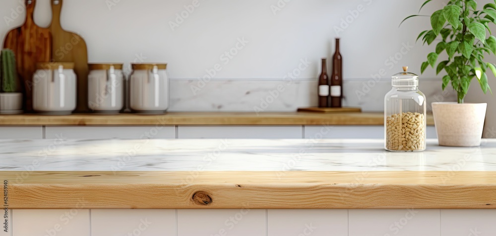 Minimalist modern kitchen bench, wooden finish, bright and airy, rustic design, Generative AI Minimalist modern kitchen bench, wooden finish, bright and airy, rustic design, Generative AI
