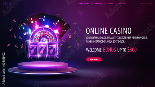 Online casino, welcome bonus, banner for website with button, purple neon casino roulette, neon slot machine, neon playing cards and poker chips on pink podium