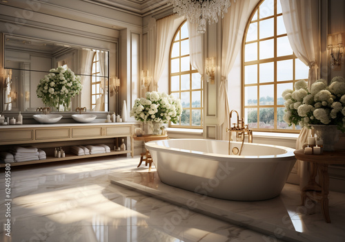 Generative AI. Interior design of luxury bathroom. Modern and cozy bathtub. Marble florring, large mirror. Natural lighting from large glass window © Jaiz Anuar