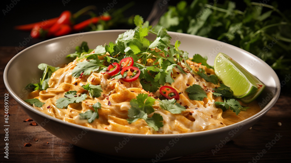 A bowl of creamy and aromatic coconut curry noodles, garnished with cilantro and lime wedges A bowl of creamy and aromatic coconut curry noodles, garnished with cilantro and lime wedges