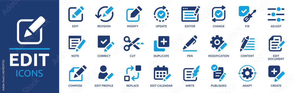 Edit tool icon set. Containing editor, create, adjust, note, compose, revision, cut, duplicate, pen and document icons. Solid icon collection. Vector illustration. Edit tool icon set. Containing editor, create, adjust, note, compose, revision, cut, duplicate, pen and document icons. Solid icon collection. Vector illustration.