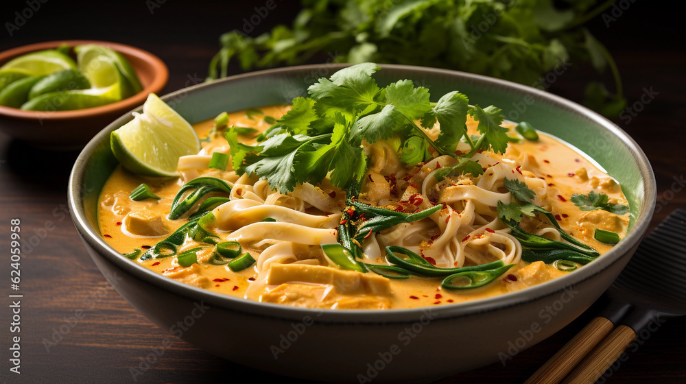 A bowl of creamy and aromatic coconut curry noodles, garnished with cilantro and lime wedges A bowl of creamy and aromatic coconut curry noodles, garnished with cilantro and lime wedges