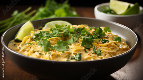 A bowl of creamy and aromatic coconut curry noodles, garnished with cilantro and lime wedges