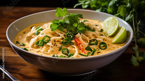 A bowl of creamy and aromatic coconut curry noodles, garnished with cilantro and lime wedges