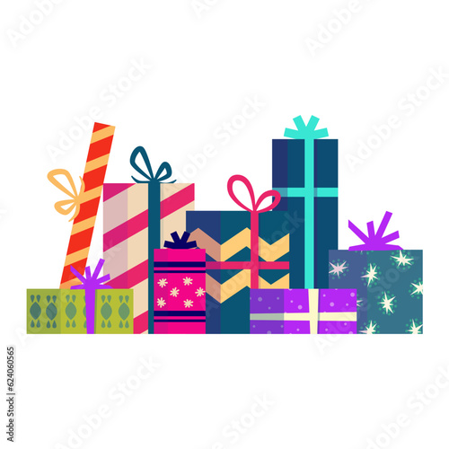 Gift Christmas present stack. Colorful group box with ribbon. Holiday xmas giftbox stack. Cartoon vector illustartion. Gift xmas pile.