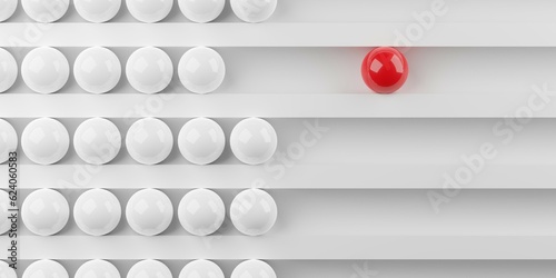 Abstract abacus with white beads and one red bead on white background, business, finance, tax or mathematical education concept, flat lay top view from above photo