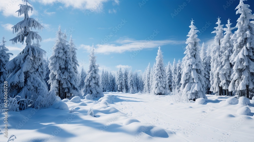 Pines trees in the snowdrifts. Magical winter forest Pines trees in the snowdrifts. Magical winter forest