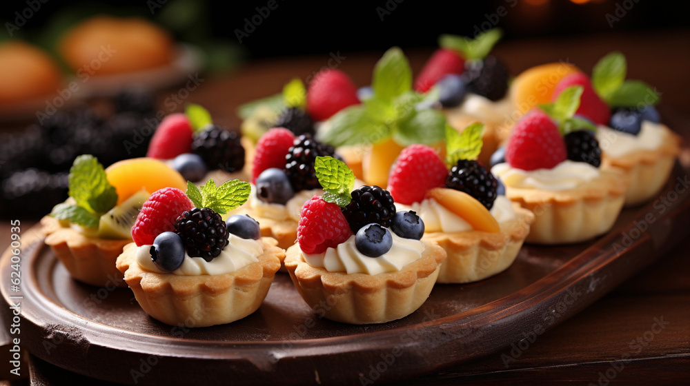 A tray of bite-sized fruit tarts, filled with creamy custard and topped with a variety of fresh fruits A tray of bite-sized fruit tarts, filled with creamy custard and topped with a variety of fresh fruits