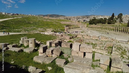 Jerash, Jordan: Panoramic footage of the Archaeological Site of the ancient Greco-Roman city of Gerasa famous for temples, amphitheater and columns around the Oval Plaza Forum in the middle east photo