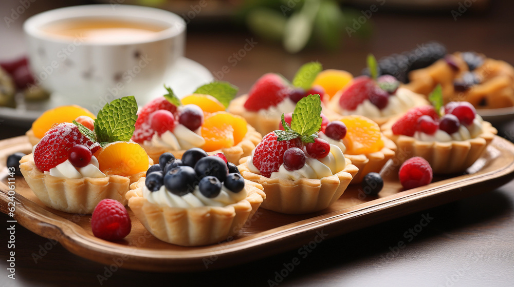 A tray of bite-sized fruit tarts, filled with creamy custard and topped with a variety of fresh fruits