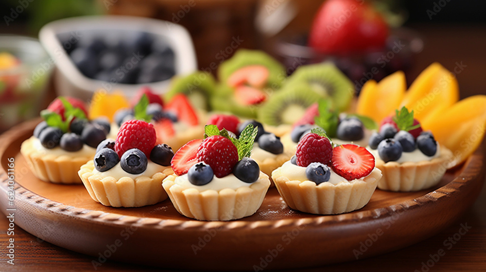 A tray of bite-sized fruit tarts, filled with creamy custard and topped with a variety of fresh fruits A tray of bite-sized fruit tarts, filled with creamy custard and topped with a variety of fresh fruits