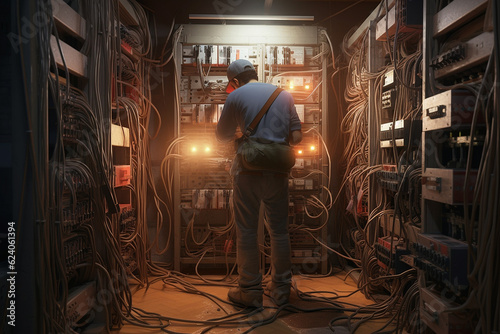Electrician at work. He connects the right wires and restores the connection in the junction box in the basement of the building. © Stavros