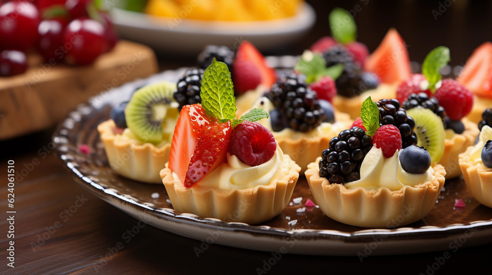 A tray of bite-sized fruit tarts, filled with creamy custard and topped with a variety of fresh fruits A tray of bite-sized fruit tarts, filled with creamy custard and topped with a variety of fresh fruits