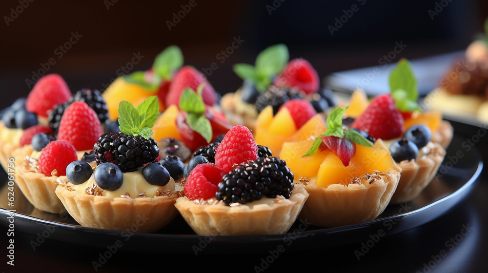 A tray of bite-sized fruit tarts, filled with creamy custard and topped with a variety of fresh fruits A tray of bite-sized fruit tarts, filled with creamy custard and topped with a variety of fresh fruits