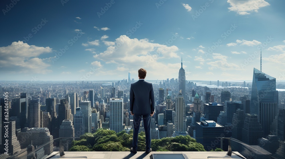 Fototapeta premium Business man stand up on high building look at city view