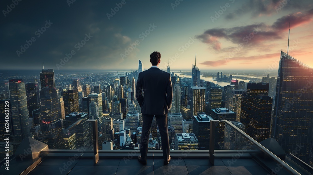Business man stand up on high building look at city view