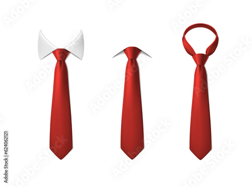 3d realistic vector icon illustration set. Red neck ties with and without white collar. Isolated on white.