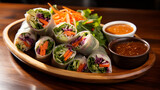 A plate of colorful and refreshing summer rolls, filled with fresh vegetables and served with peanut dipping sauce