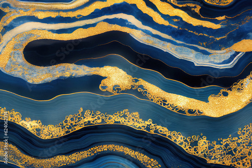 Blue and golden acrylic liquid ink swirl abstract background with ravishing turbulence wavy pattern and detailed texture. Luxury fluid liquid art by Generative AI.