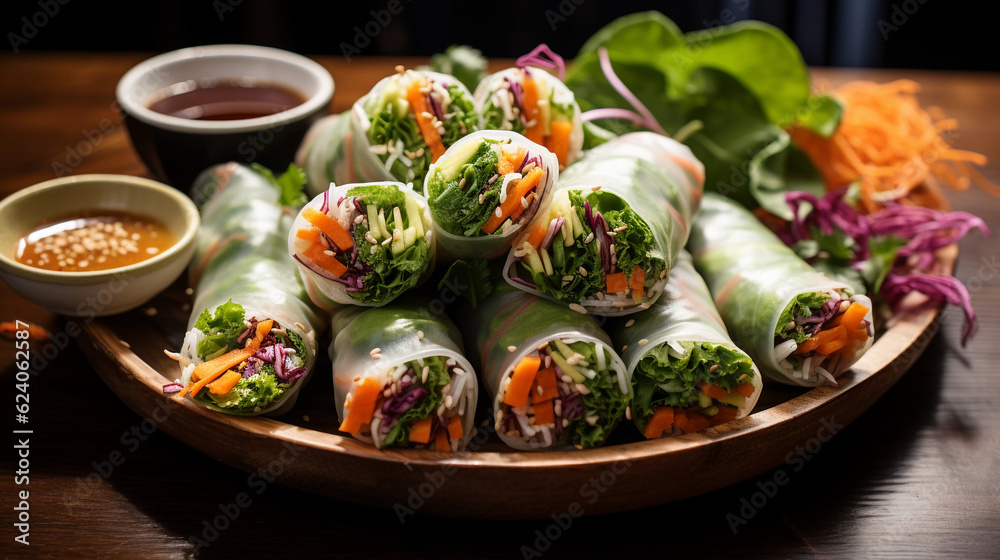 A plate of colorful and refreshing summer rolls, filled with fresh vegetables and served with peanut dipping sauce A plate of colorful and refreshing summer rolls, filled with fresh vegetables and served with peanut dipping sauce
