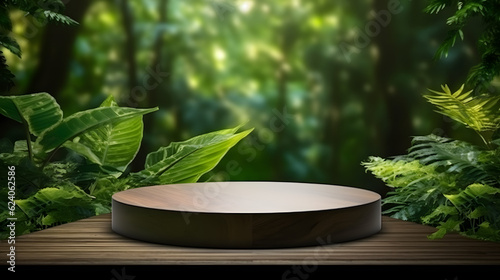 wooden podium in tropical forest for product presentation and green background