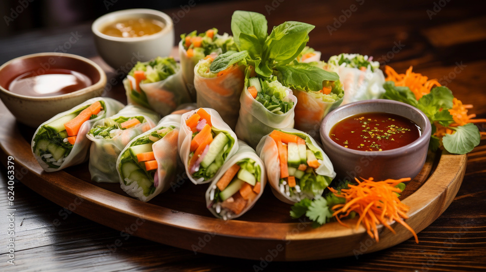 A plate of colorful and refreshing summer rolls, filled with fresh vegetables and served with peanut dipping sauce A plate of colorful and refreshing summer rolls, filled with fresh vegetables and served with peanut dipping sauce