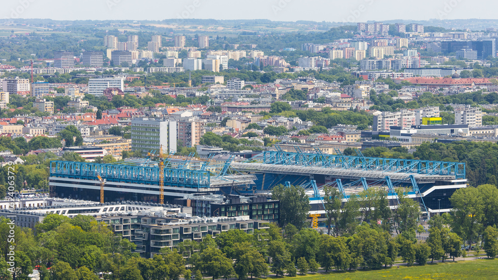 Stadion Miejski in polish city Krakow seen from Kościuszko lookout