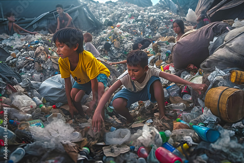 Poor homeless asian kid boy girl children in torn dirty clothes at the city garbage dump are working sorting garbage for recycling and secondary raw materials. Generative AI. photo