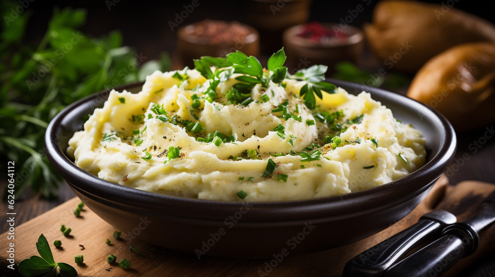 A bowl of comforting and creamy mashed potatoes, garnished with fresh herbs A bowl of comforting and creamy mashed potatoes, garnished with fresh herbs