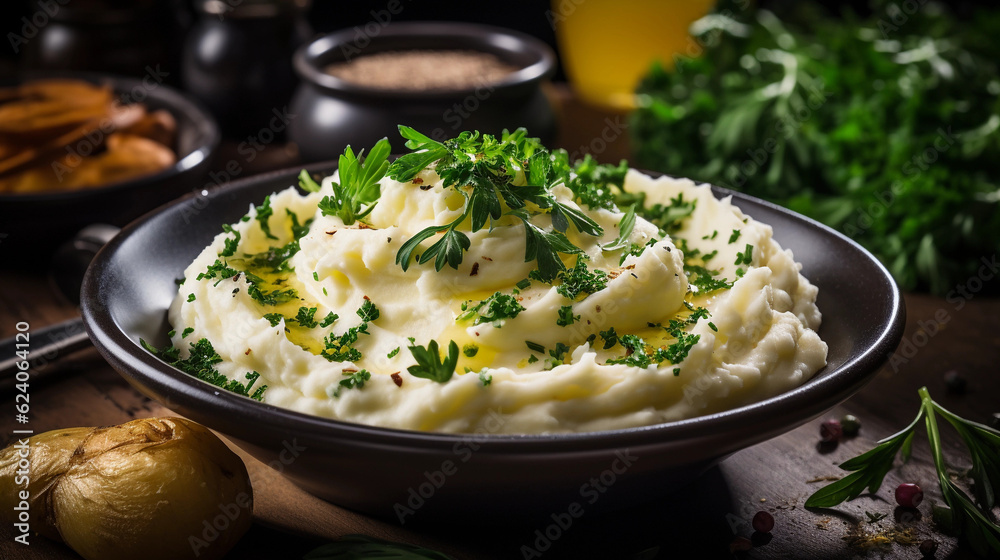 A bowl of comforting and creamy mashed potatoes, garnished with fresh herbs A bowl of comforting and creamy mashed potatoes, garnished with fresh herbs