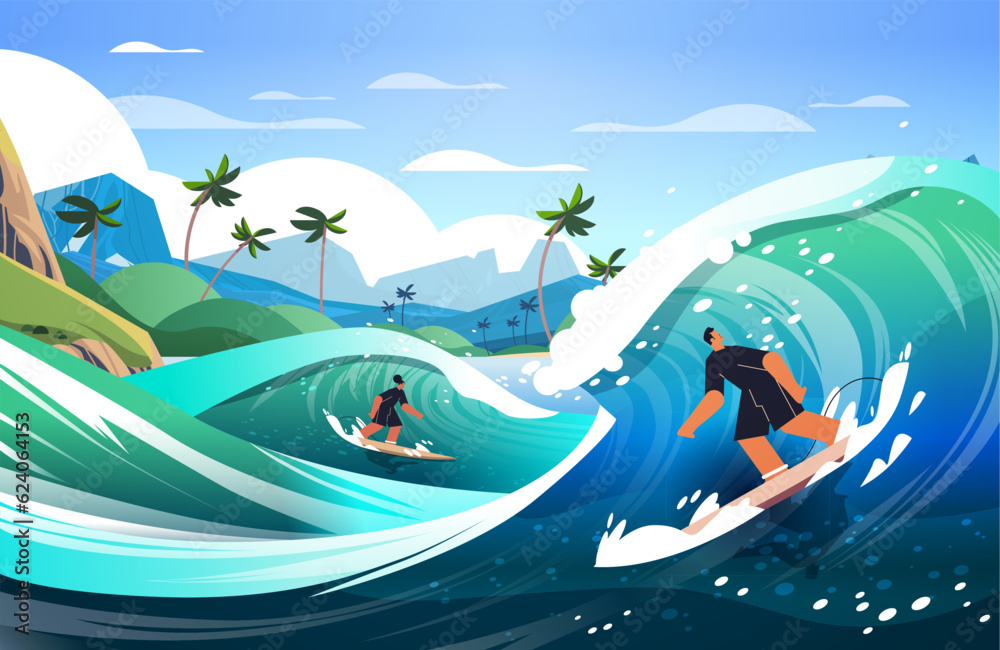 Φωτογραφία man woman in swimwear riding surf boards by sea or ocean waves surfing sport sum