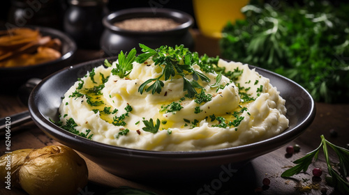 A bowl of comforting and creamy mashed potatoes, garnished with fresh herbs