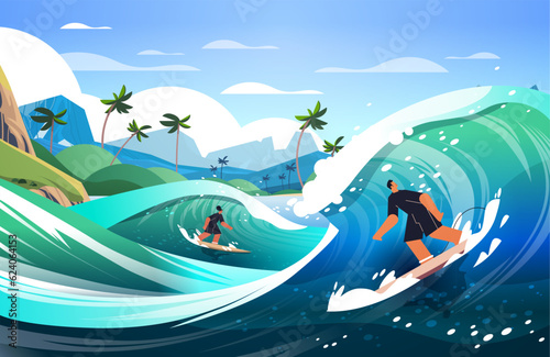 man woman in swimwear riding surf boards by sea or ocean waves surfing sport summer activity concept