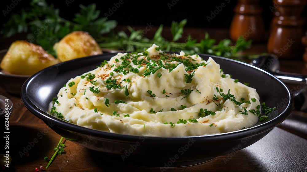 A bowl of comforting and creamy mashed potatoes, garnished with fresh herbs A bowl of comforting and creamy mashed potatoes, garnished with fresh herbs
