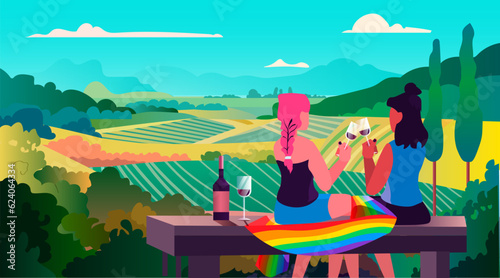 girls couple with lgbt rainbow flag drinking wine and looking on rural landscape with meadows gay lesbian love parade