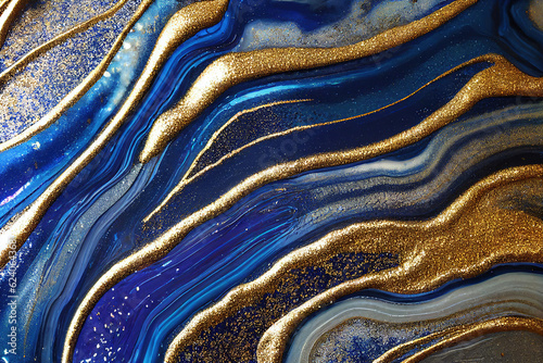 Blue and golden acrylic liquid ink swirl abstract background with ravishing turbulence wavy pattern and detailed texture. Luxury fluid liquid art by Generative AI.