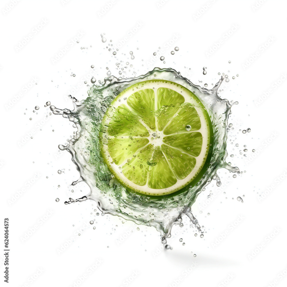 Juicy lime with splash. 3D illustration digital art design, generative AI Juicy lime with splash. 3D illustration digital art design, generative AI