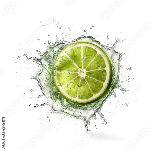 Juicy lime with splash. 3D illustration digital art design, generative AI