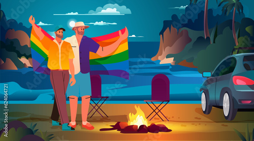 guys with lgbt rainbow flag at beach night party around campfire gay lesbian love parade pride festival transgender love