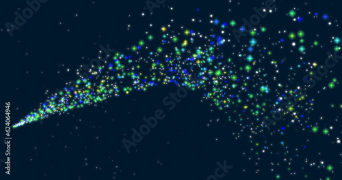 A trail of flying multi-colored sparkling particles moving along a curve.