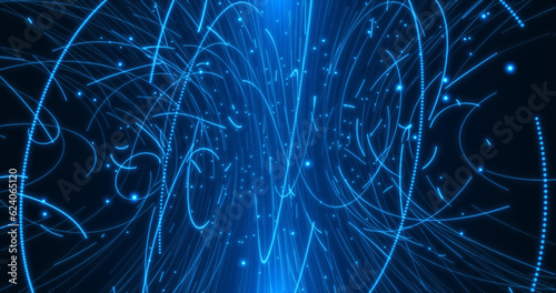 Traces of charged particles in a magnetic field.
