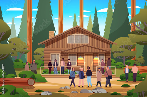 people resting in wooden holiday house in forest cottage among trees suburban real estate summer adventure trip vacation