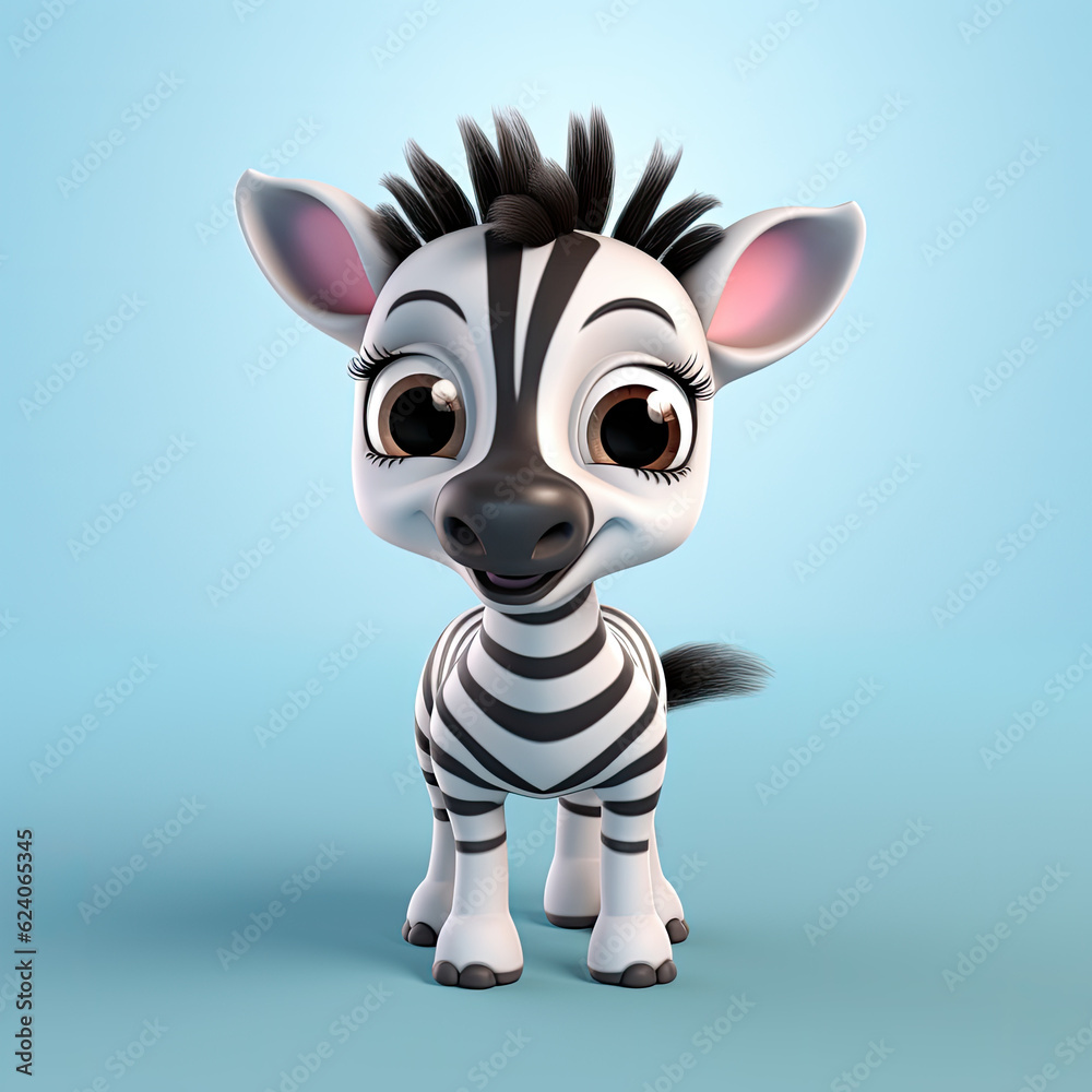 Cute Zebra, 3d cartoon, big eyes, friendly, solid background, minimalistic