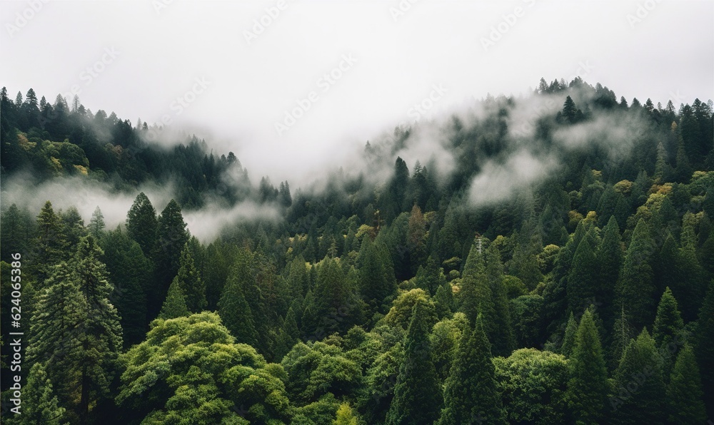  a forest filled with lots of trees covered in clouds and fog.  generative ai