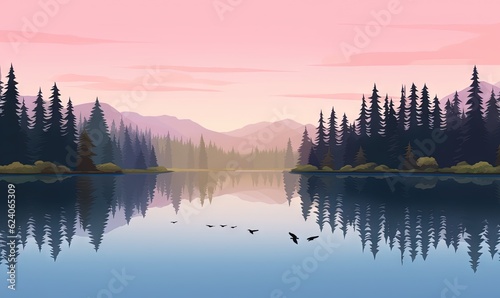  a painting of a lake with trees and birds flying over it. generative ai