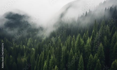  a group of trees in the middle of a forest covered in fog.  generative ai © Anna