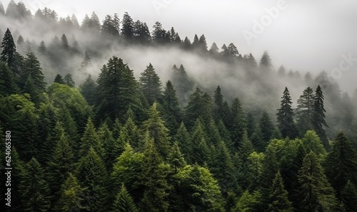  a group of trees on a hill covered in fog and mist. generative ai