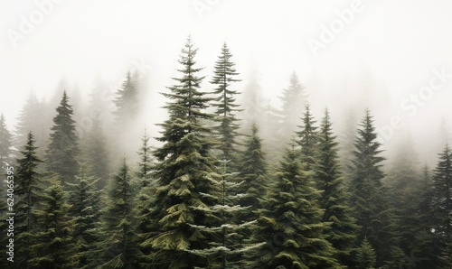  a forest filled with lots of tall pine trees covered in fog. generative ai