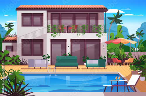 modern villa with pool and garden empty nobody holiday house or hotel summer vacation resort concept